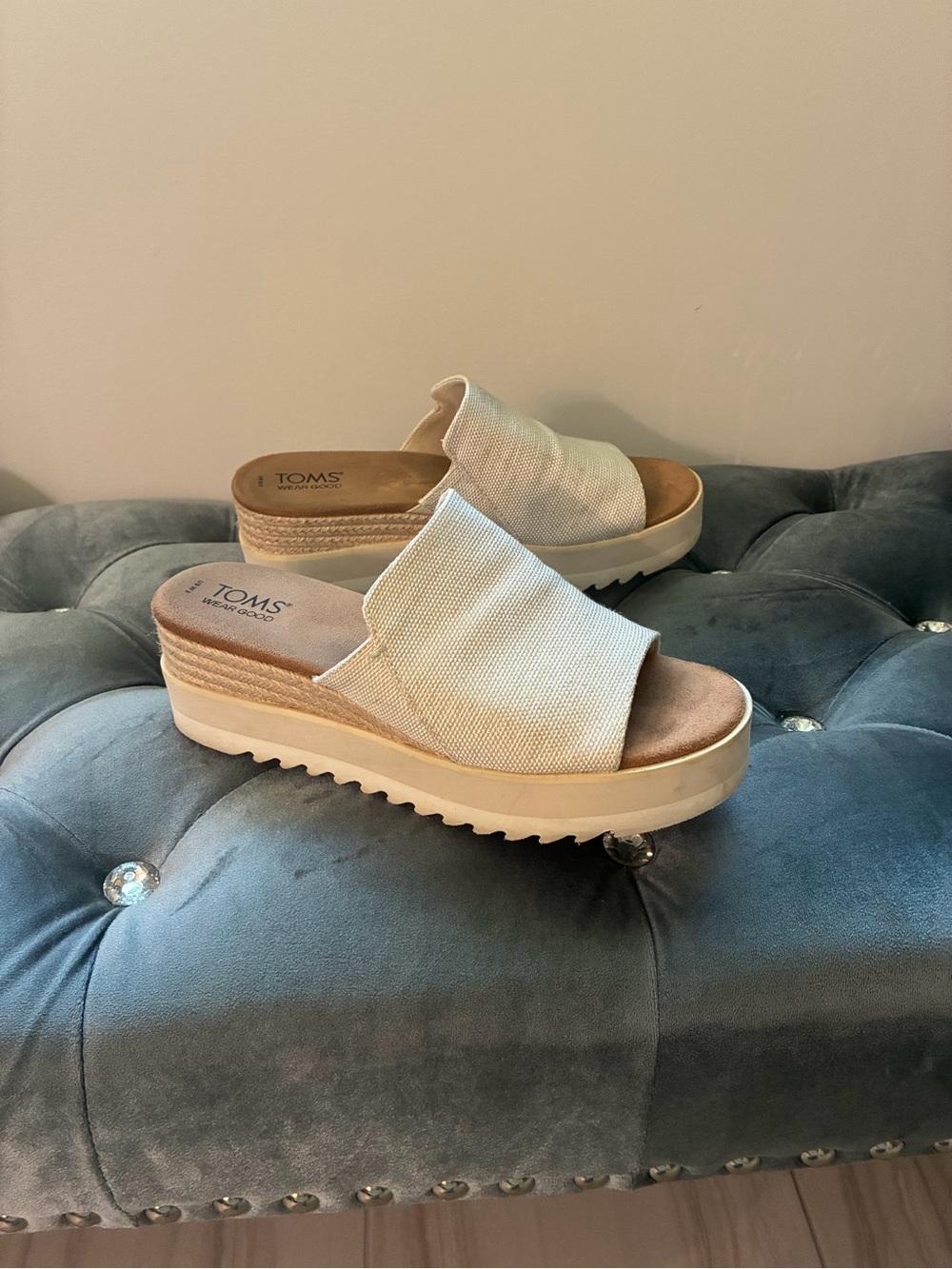 TOMS Cream Wedge Platform Slide Sandals